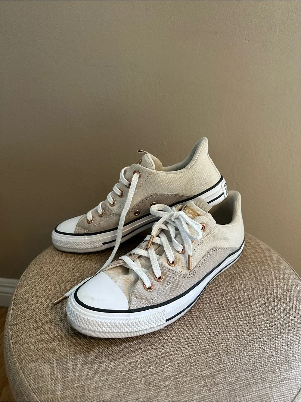 Converse Low-Top Canvas Sneakers in Beige with White Accents - Picture 2 of 8